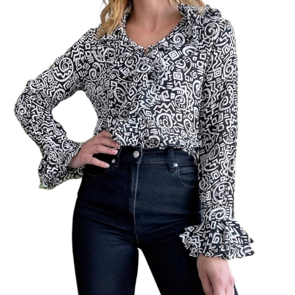 VTG Chico's Silk Ruffled Neck Sleeve Blouse Sz Large Black White Aztec Swirl